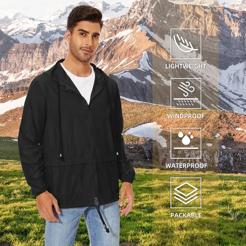Miniatura 5 de American Trends Chaqueta impermeable para hombre, ligera, plegable, con capucha, cortavientos