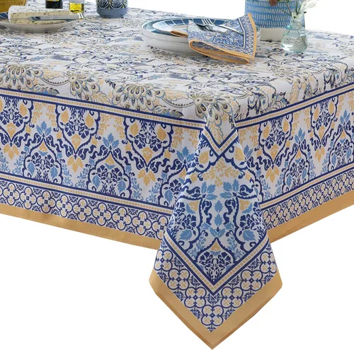 Miniatura 8 de Home Bargains Plus - Mantel rectangular de tela de 60 x 84 pulgadas, con borde floral amarillo y azul, mantel resistente a las manchas y al agua