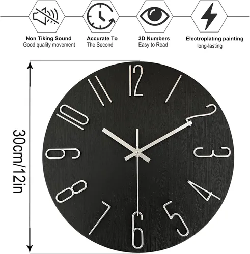 Miniatura 4 de AIRUIFU Reloj de pared de 12 pulgadas, silencioso y sin tictac, moderno, funciona con pilas - Analógico pequeño y clásico para oficina, hogar, baño