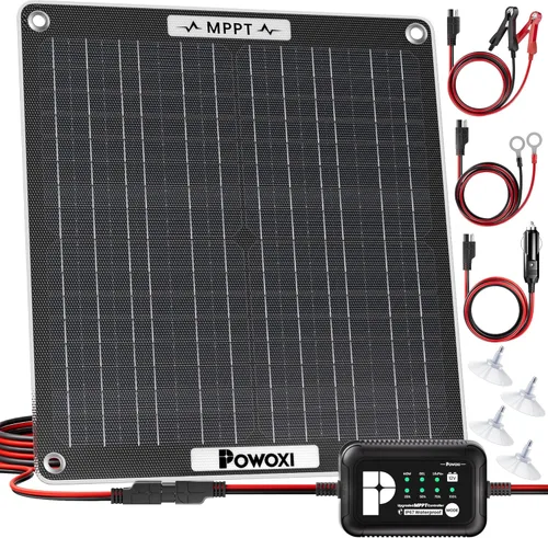 POWOXI Cargador de Batería Solar de 30W: Mantenedor de Goteo de Batería de Coche Solar de 12V - con Parámetro de Controlador MPPT Ajustable - para