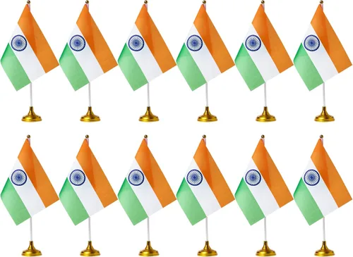 ZXvZYT Bandera india de escritorio pequeña bandera india pequeña bandera india de mesa con base de soporte para decoración (paquete de 12)