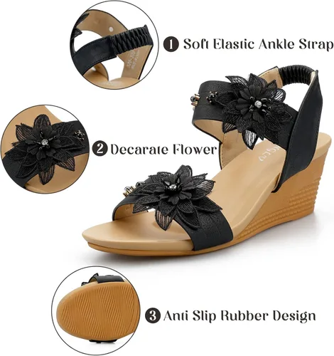 Miniatura 4 de Sandalias de cuña para mujer, correas elásticas en el tobillo, puntera abierta, elegantes suelas gruesas, cómodas parejas de ensueño