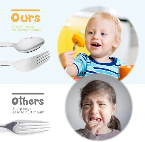 Miniatura 7 de 4 tenedores y cucharas de acero inoxidable para niños pequeños con bordes redondeados suaves Juego de utensilios para niños de 1 año Juego