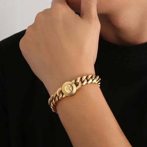Miniatura 2 de KRKC&CO - Pulsera de eslabones cubanos de 12/0.551 in para hombre, chapada en oro de 18 quilates, cruz, brújula, calaveras redondas, cierre tallado