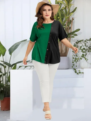 Miniatura 4 de Camisetas de talla grande para mujer, con botones de contraste, blusas casuales de verano, camisas de manga con puños