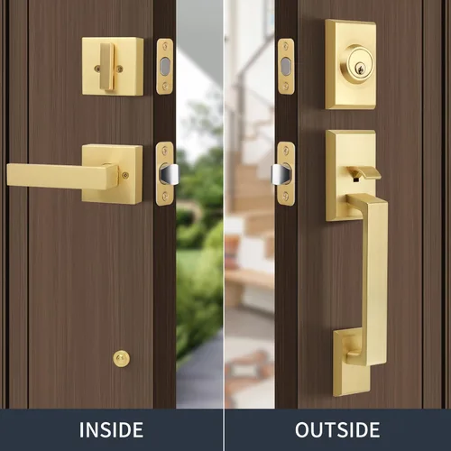 Miniatura 7 de Juego de manijas de puerta delantera de color dorado cepillado, juego de cerradura de puerta exterior con cerrojo de un solo cilindro, reversible
