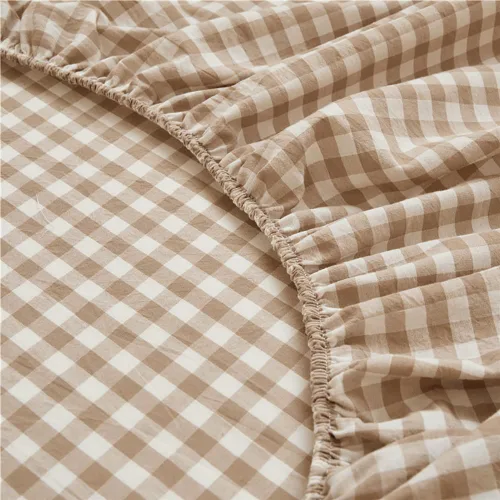 Miniatura 6 de Sábana bajera ajustable de algodón lavado 100% en color topo con diseño Gingham para cama queen, con bolsillo profundo de 15 pulgadas, sábana bajera