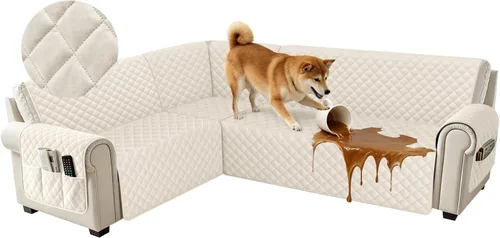 Miniatura 31 de Fundas impermeables para sofá seccional de esquina en forma de L, de terciopelo, juego de 6 piezas, funda en forma de U para sofá, para perros