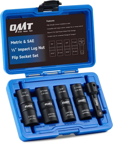 Orion Motor Tech Juego de llaves de tuerca de rueda, juego de 5 piezas de 1/2" de transmisión de impacto con enchufes de pared delgada métricos de
