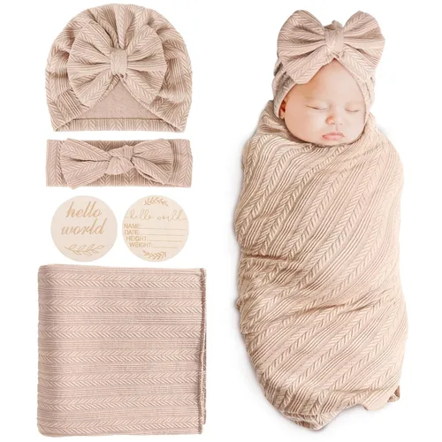 Miniatura 13 de DRESHOW BQUBO Mantas envolventes para bebés niñas, juego de 4 accesorios para recién nacidos con gorro a juego y cinta con moño con tarjeta de 1