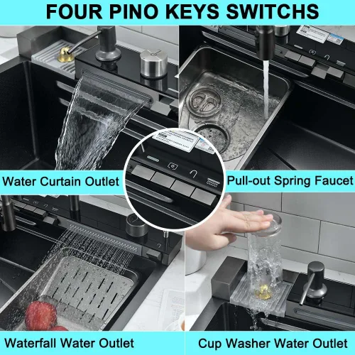 Miniatura 5 de Fregadero de cocina de cascada negro de 30 pulgadas con grifo extraíble, fregadero de cascada de 30 x 18 pulgadas, pantalla digital negra