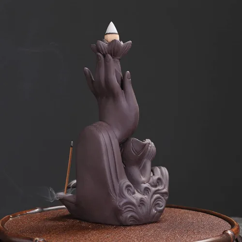 Miniatura 5 de Quemador de incienso de mano de Buda de cerámica para interiores, soporte de incienso de cascada de humo creativo Lotus para aromaterapia, adorno
