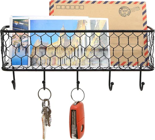 Miniatura 2 de MyGift Soporte de metal montado en la pared y organizador de llaves con 5 ganchos, cesta de almacenamiento decorativa y ganchos para colgar llaves
