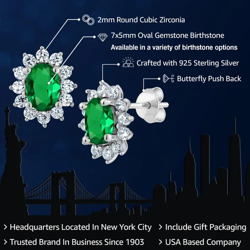 Miniatura 177 de Gem Stone King Aretes ovalados de plata de ley 925 de 0.276 x 0.197 in con piedra natal de la princesa Diana, estilo halo real para mujeres