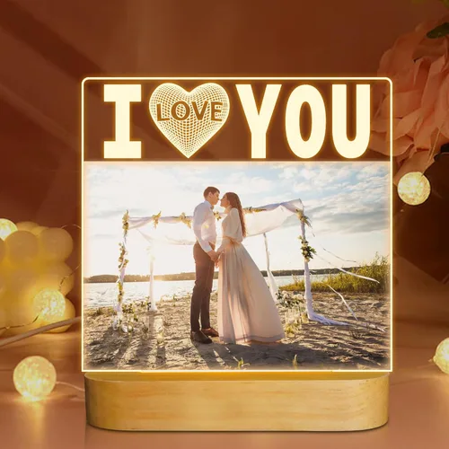 Attivolife Marco de fotos con texto en inglés "I Love You" para mujer, marco de fotos iluminado con luz nocturna LED, regalos para parejas, esposos,