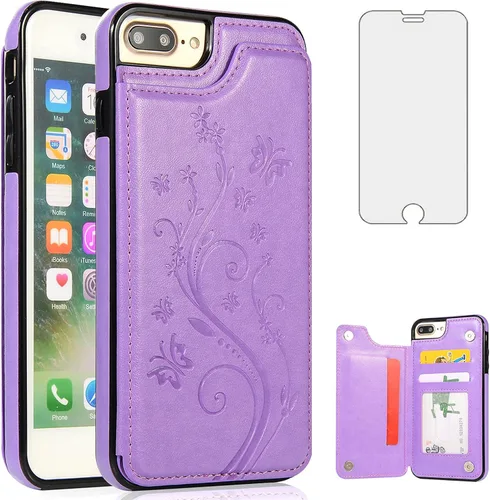 Miniatura 9 de Asuwish Funda de teléfono para iPhone 7plus 8plus 7/8 Plus con protector de pantalla de vidrio templado y tarjetero; funda tipo cartera de cuero