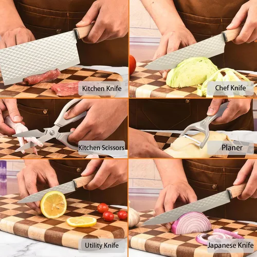 Miniatura 6 de Juego de cuchillos de cocina profesional de 7 piezas con bloque universal de cuchillos, juego de bloques de cuchillos súper afilados con mango Beige