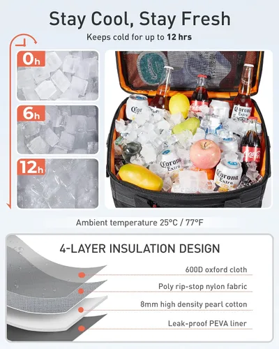 Miniatura 2 de TOURIT Lonchera térmica con lados blandos 48/60 latas gran bolsa de almuerzo plegable, caja de hielo, 8.4/10.6 galones enfriadores sin fugas y Negro