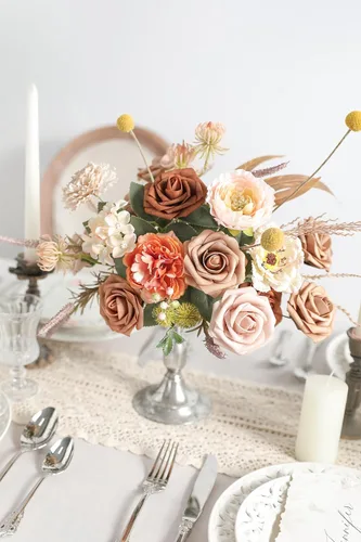 Miniatura 4 de rongflower Flores artificiales de aspecto real, color rosa polvoriento, rosas falsas de espuma con tallos, 25 piezas para bricolaje, bodas, Rosa