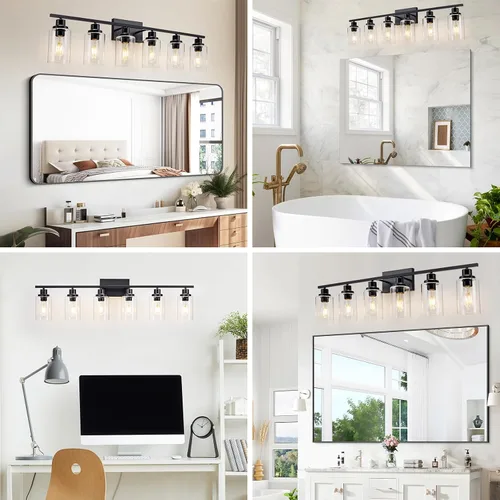 Miniatura 5 de Accesorio de Iluminación para Baño de 6 Luces Lámpara Negra para Tocador Sobre Espejo Apliques de Iluminación de Pared Estilo Casa de Campo Moderna
