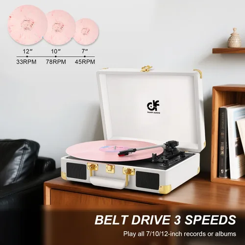 Miniatura 6 de Tocadiscos de vinilo Bluetooth, tocadiscos portátil vintage de 3 velocidades con 2 altavoces integrados, grabación USB, tocadiscos para Blanco