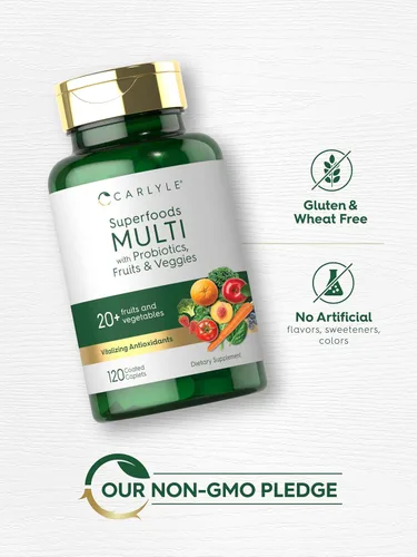 Miniatura 6 de Carlyle Suplemento de frutas y verduras 120 unidades Multivitamínico superalimento con probióticos Hecho con 20 frutas y verduras Sin OMG