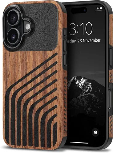 Miniatura 12 de TENDLIN Compatible con iPhone 17 Pro Max Funda de madera con textura de fibra de carbono Diseño de cuero híbrido delgado (negro)