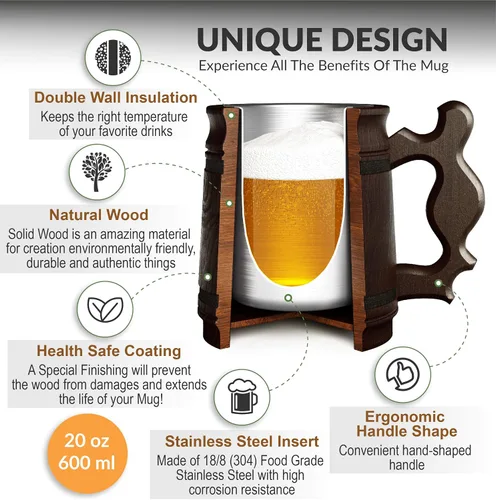 Miniatura 2 de Copa de acero inoxidable, hecho a mano, taza de cerveza, hombres, ecológica, recuerdo retro café Juego de 6 tazas retro marrón 20 onzas