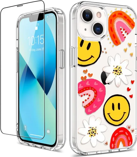 Funda para iPhone 13 con protector de pantalla, transparente con diseño floral para niñas y mujeres, a prueba de golpes, con funda de parachoques de