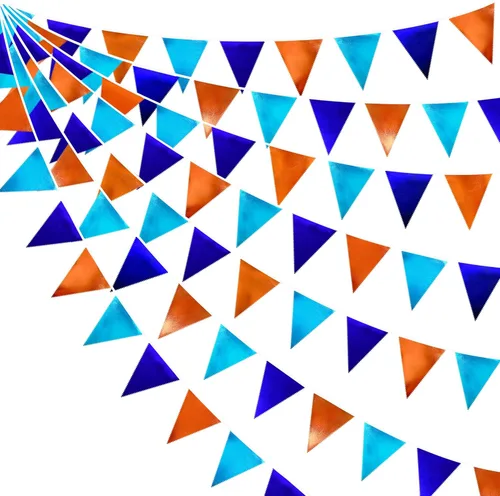 Miniatura 76 de Decoración de fiesta iridiscente de 33 pies, tela holográfica, banderín triangular, banderín de algodón, guirnalda de banderines para cumpleaños