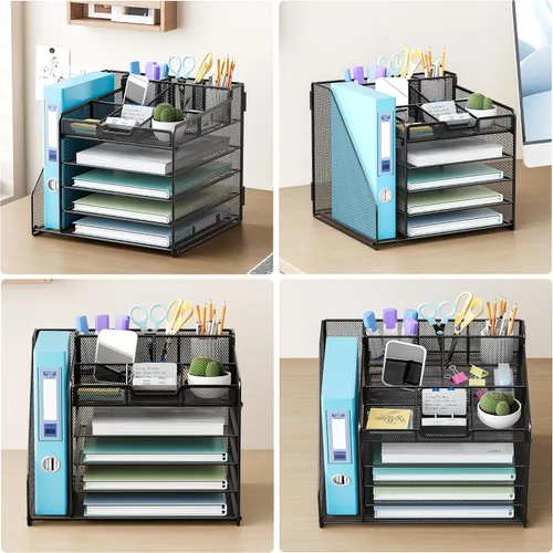Miniatura 4 de Lavatino Organizador de escritorio, bandeja de papel de malla metálica de 5 niveles con 1 soporte para archivos y 7 divisores flexibles para Negro
