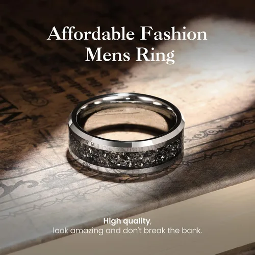 Miniatura 2 de King Will - Anillos de boda de tungsteno con meteorito, 1564 y 516 de pulgada, negro y plateado, anillos de compromiso para parejas, borde biselado