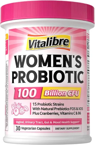 Vitalibre Probióticos para mujeres, 100 mil millones de UFC, 15 cepas, suplemento diario probiótico y prebiótico con arándano orgánico para apoyar