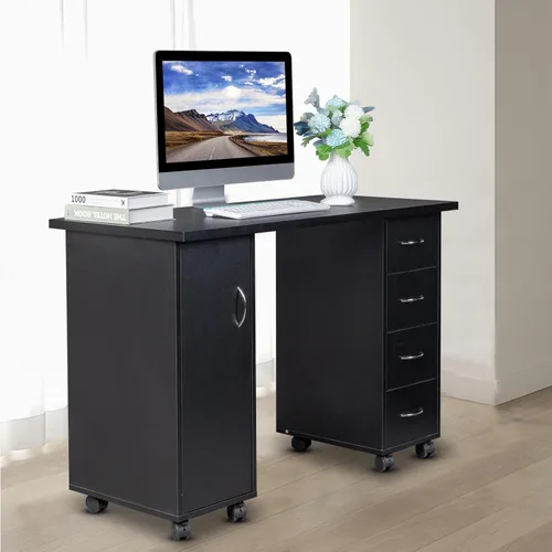 Miniatura 9 de Mesa de manicura con ruedas, estación de trabajo de salón de belleza moderna, mesa de arte de uñas con 4 cajones y gabinete grande para tecnología