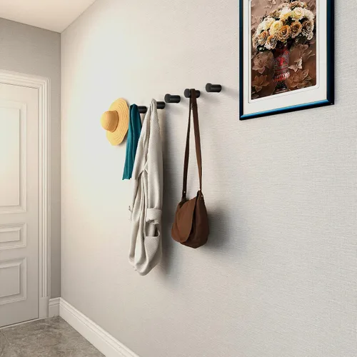 Miniatura 3 de BSDONTE Ganchos de pared de madera (paquete de 6), ganchos decorativos negros – resistentes, colgadores de pared para abrigos, mochilas, toallas