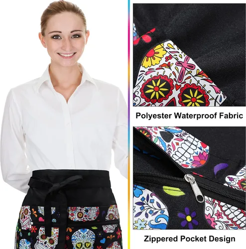 Miniatura 5 de Jetec 2 Pcs Waist Apron with 6 Pockets and Leather Server Book for Waitress Patterned Server Half Apron with Zipper for Women