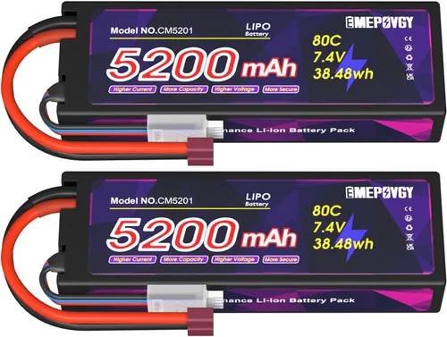 Batería Lipo de 7.4V 2S 5200mAh 80C Lipos Estuche rígido con conector T para coches RC camiones 1/8 1/10 vehículos RC (2 paquetes)