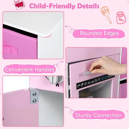 Miniatura 6 de INFANS Juego de cocina para niños, cocina de madera con luces realistas, sonidos, cafetera, lavavajillas, microondas, horno, cajones de tela Rosa
