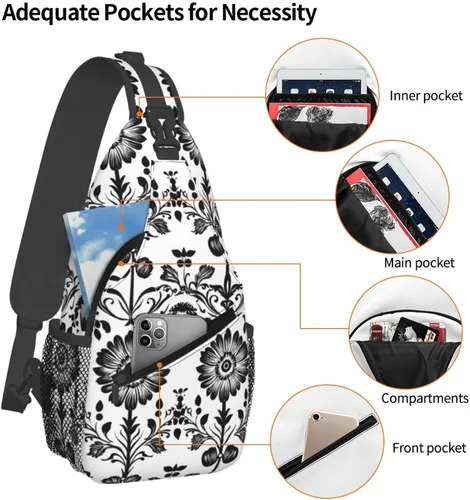Miniatura 4 de Small Crossbody Bags for Women Men - Vintage Flower Black White Print Adjustable Shoulder Bag Fanny Packs Belt Sling Bag Crossbody Purses Backpack