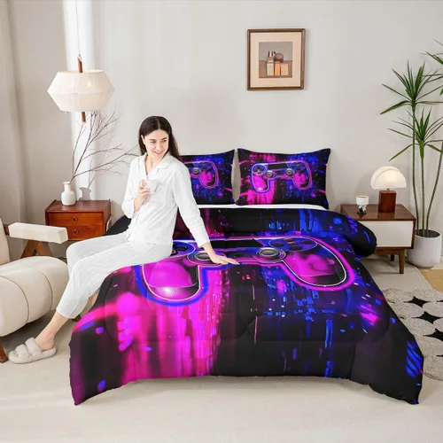 Miniatura 26 de Manfei Juego de edredón moderno de 2 piezas con estampado de consola de videojuegos de panal azul con 1 funda de almohada, juego de ropa de cama