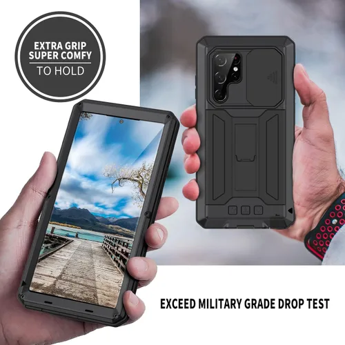 Miniatura 5 de Funda de metal compatible con Samsung Galaxy S22, resistente al polvo, de grado militar, con cubierta deslizante para cámara y soporte plegable