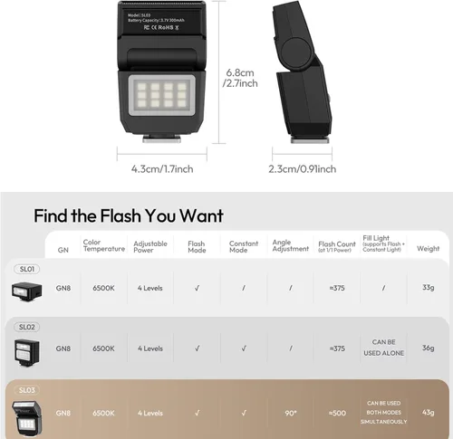 Miniatura 6 de ULANZI SL03 - Flash Speedlite Mini para Cámara con Luz de Vídeo para Principiantes Básico, GN8 6500K, Ángulo Ajustable de 90°, Compatible con DSLR