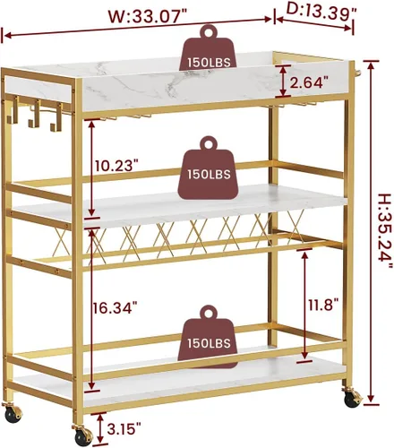 Miniatura 2 de BON AUGURE Carrito de Bar para el Hogar, Carrito de Bar Rodante para el Hogar con Ruedas, Carrito de Bebidas Móvil de 3 Niveles con Botellero