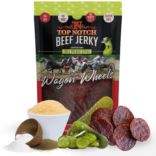 Miniatura 22 de Top Notch Wagon Wheels Jerky – Snacks altos en proteínas para niños y adultos hechos de carne de res criada localmente – Rondas sabrosas de carne