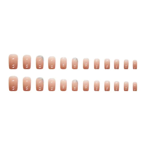 Miniatura 4 de Uñas postizas cortas a presión, cuadradas, color rosa nude, cobertura completa, uñas postizas brillantes con purpurina con diseño de diamantes