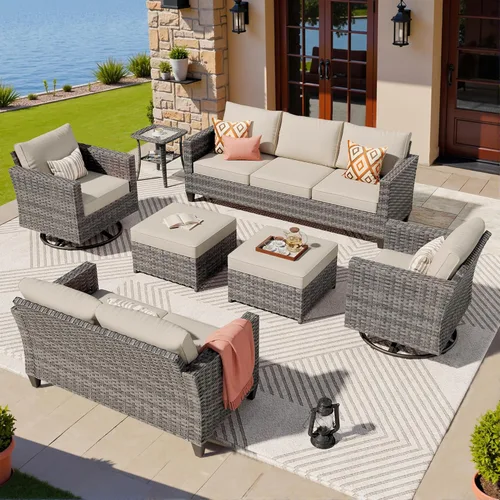 Miniatura 28 de ovios Juego de muebles de patio de 8 piezas, sofá de mimbre para exteriores con sillas giratorias, mecedora con cojines cómodos, juego de Beige