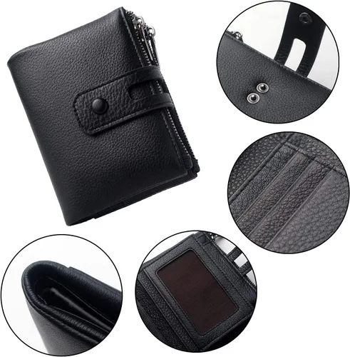 Miniatura 7 de Bveyzi - Billetera pequeña de cuero suave para mujer con bloqueo RFID, tarjetero para damas con doble bolsillo con cremallera