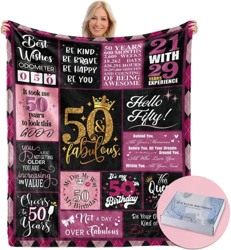 Regalo de 50 cumpleaños para mujer y ella, manta de regalo de cumpleaños 50 | Con caja de regalo, 50 x 60 pulgadas, lavable a máquina, transpirable,