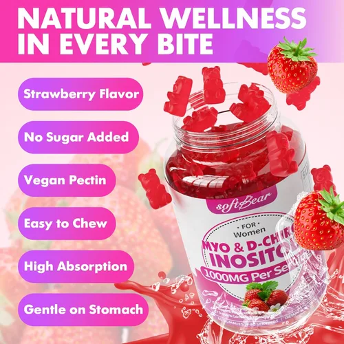 Miniatura 7 de softbear Suplemento de inositol para mujeres, gomitas de mio-inositol y D-Chiro inositol de 1000 mg con vitamina D3 para apoyo POCS y bienestar