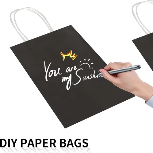 Miniatura 5 de Toovip Paquete de 100 Bolsas Pequeñas de Papel Kraft Negro de 5.25x3.25x8.25 Pulgadas con Asas a Granel, Bolsas de Papel de Regalo para Favores